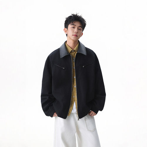 「设计师品牌」拼接翻领工装秋季水洗做旧夹克高级感外套