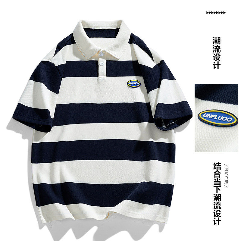 复古潮牌日系条纹短袖POLO衫男夏季宽松情侣翻领体恤