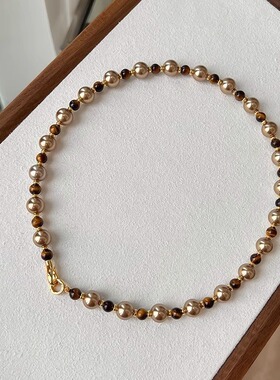 韩国新款虎眼石项链摩卡金棕仿珍珠混彩项链轻奢小众毛衣链秋冬女