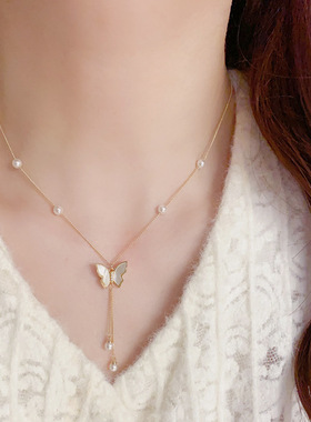 韩式时尚轻奢贝壳蝴蝶流苏项链女气质网红超仙蝴蝶设计感锁骨链