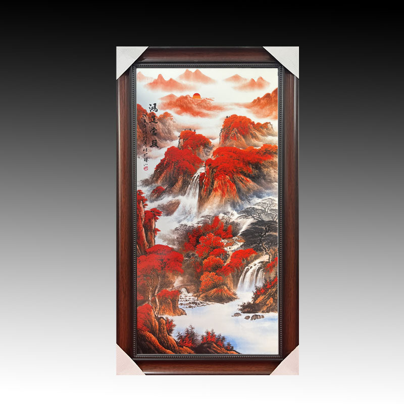 中式景德镇陶瓷手绘瓷板画现代客厅装饰画实木框玄关风景挂画包邮