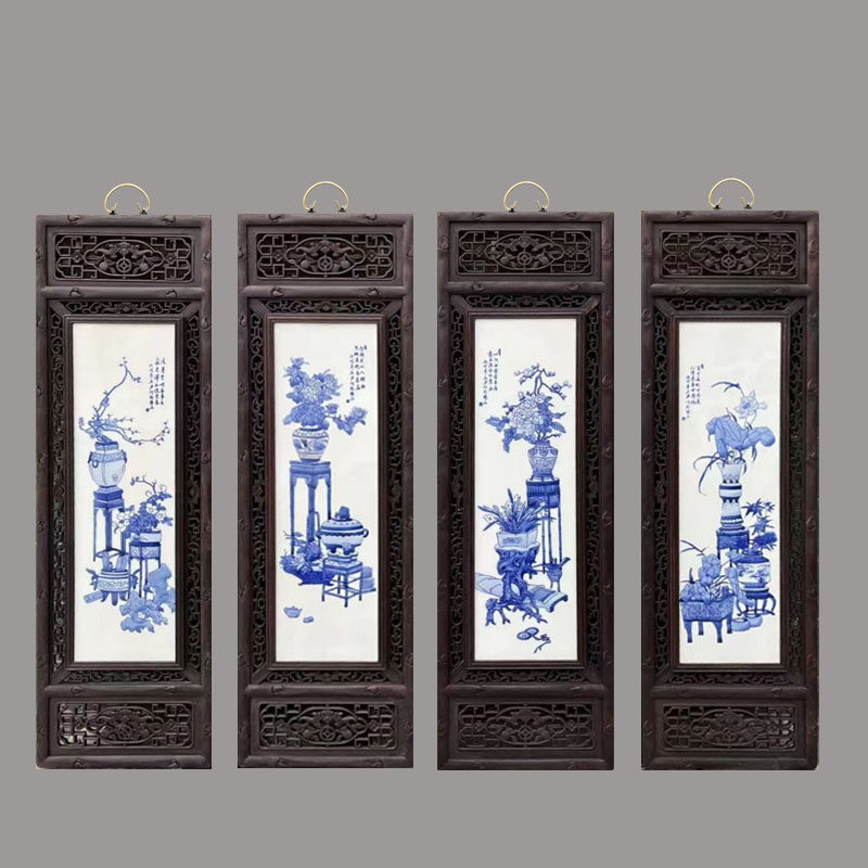 中式仿古景德镇手绘青花梅兰竹菊瓷板画四条挂屏画现代客厅装饰画