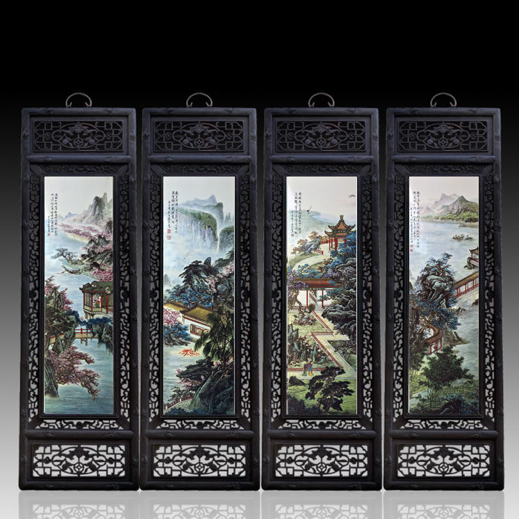 景德镇手绘陶瓷板画四条屏挂画中式彷古客厅装饰画镂空实木框壁画