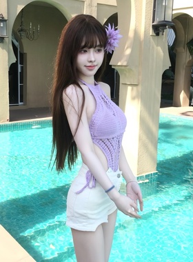 明星同款紫色针织连体衣镂空性感裹胸无袖泳衣春夏季新品海边度假