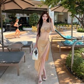 海岛度假风显白香槟色比基尼小众高级感多巴胺性感绝美长裙泳衣女