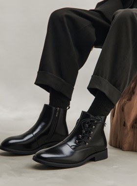 切尔西靴厚底尖头黑色秋冬时尚休闲高帮鞋冬季雕花皮靴英伦风