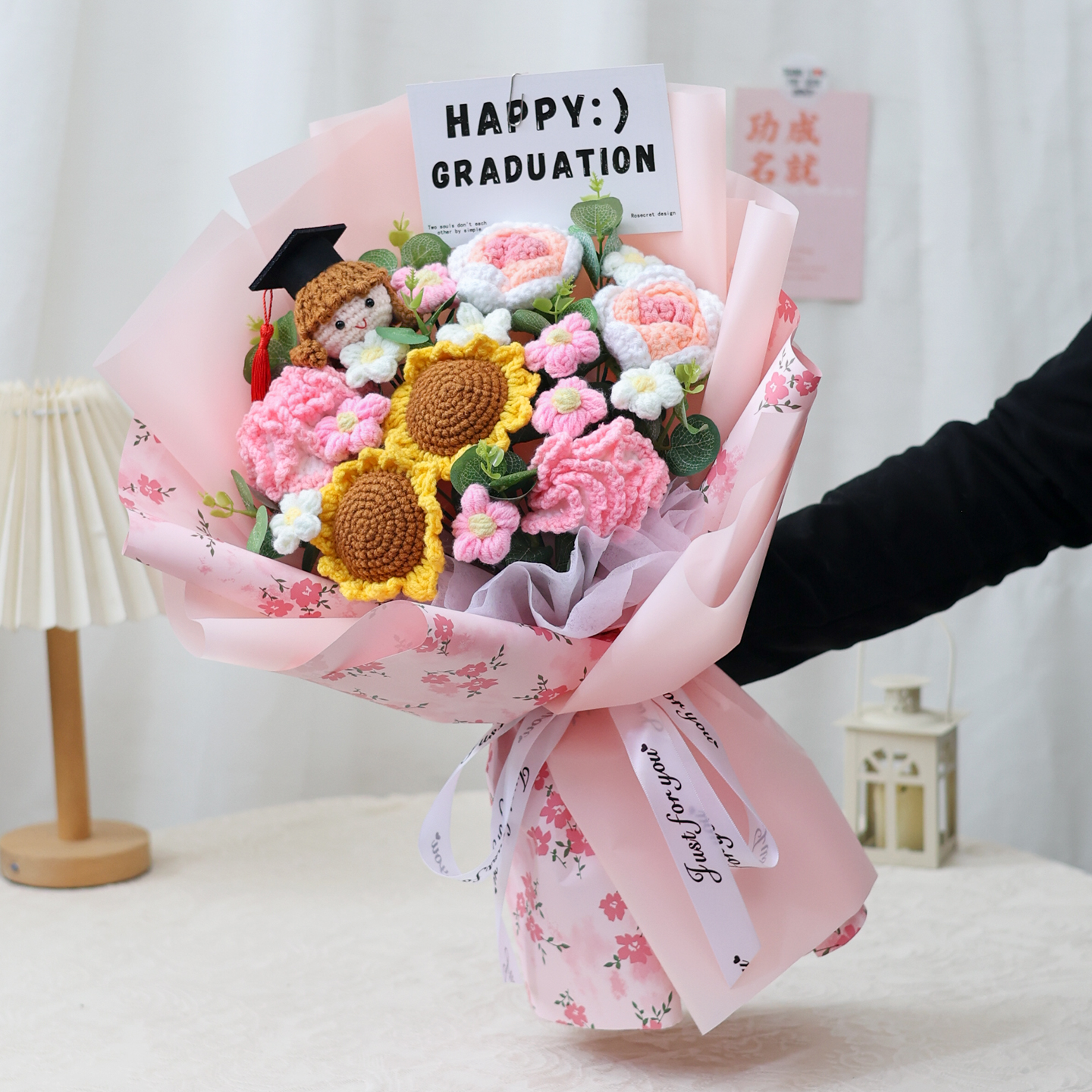 创意手工编织向日葵玫瑰毛线花束