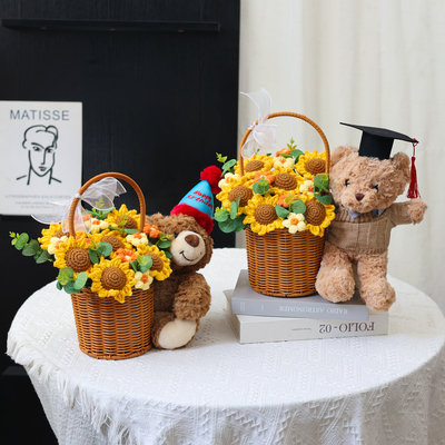 成品可爱玩偶针织向日葵仿真花篮