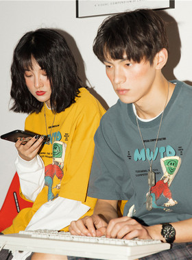 Mostwantedlab卡通电脑人印花短袖情侣宽松休闲圆领打底T恤男MWTD