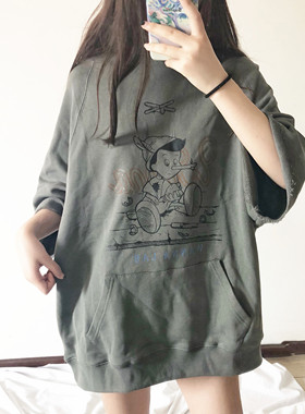 SKRM & WANNA LAB匹诺曹连帽卫衣短袖宽松情侣卡通创意半袖帽衫男