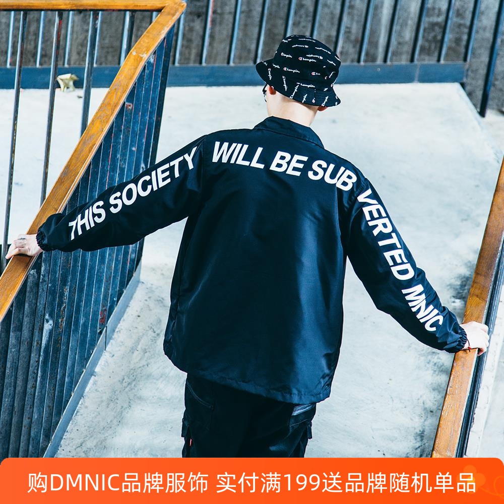 黑色字母教练夹克日系翻领外套男