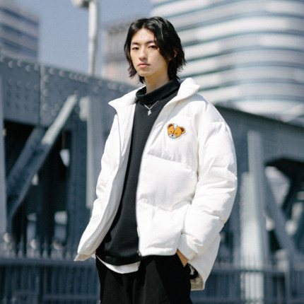 PSO Brand 满印小熊立领羽绒服男宽松白鸭绒短款棉服保暖棉衣外套