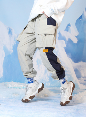 PCMY联名SSURPLUS拼接梭织长裤男女情侣宽松工装裤休闲运动束脚裤