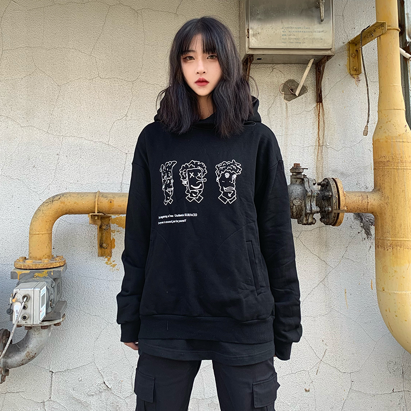SKRM & 废克赛文 复古手绘印花虚假面具连帽卫衣情侣宽松套头帽衫