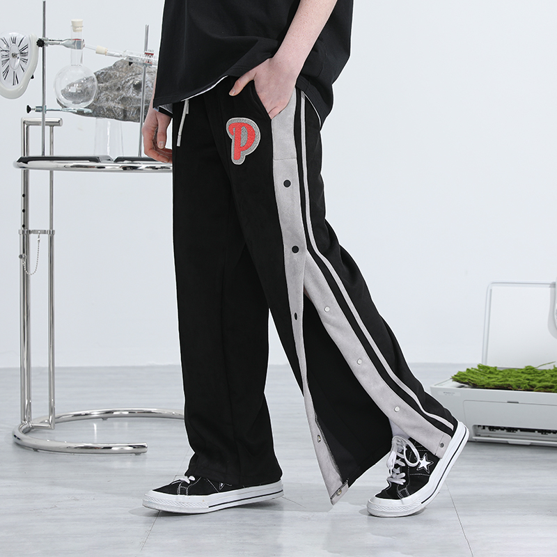 桃皮绒侧边排扣裤阔腿长裤直筒裤