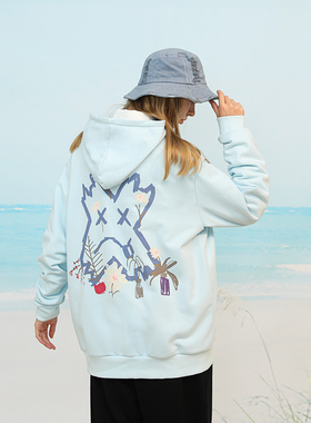 PCMY花卉叉叉人连帽卫衣男女情侣休闲宽松纯棉涂鸦薄绒帽衫外套秋