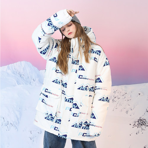 雪山弹幕满印中长款棉服连帽棉衣