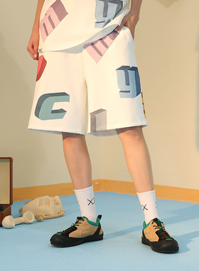 PCMY立体字母印花短裤男女情侣宽松休闲夏季透气沙滩裤运动五分裤