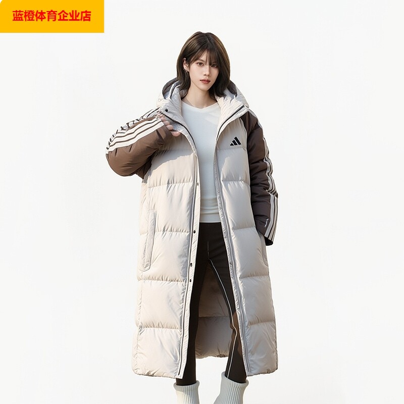 阿迪达斯白色长款羽绒服男女装2025冬季新款情侣运动棉袄KQ5495