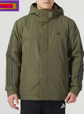 阿迪达斯军绿色棉服男2023冬季新款连帽运动服保暖棉衣外套IP2535
