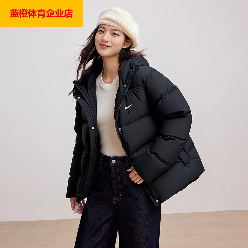 耐克女子连帽羽绒服新款秋冬季防风拒水宽松夹克黑色保暖HV5236