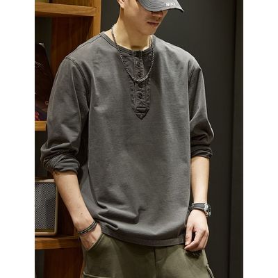 美式复古圆领长袖T恤男士