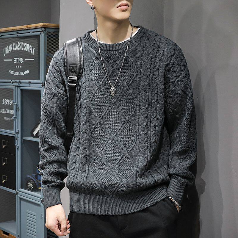 秋季新款复古潮牌麻花毛衣男宽松痞帅大码休闲圆领针织毛线衣