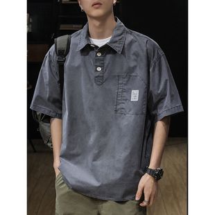 复古水洗灰翻领短袖 男polo衫 夏季 衬衫 衬衣潮 宽松大码 衣服t恤半袖
