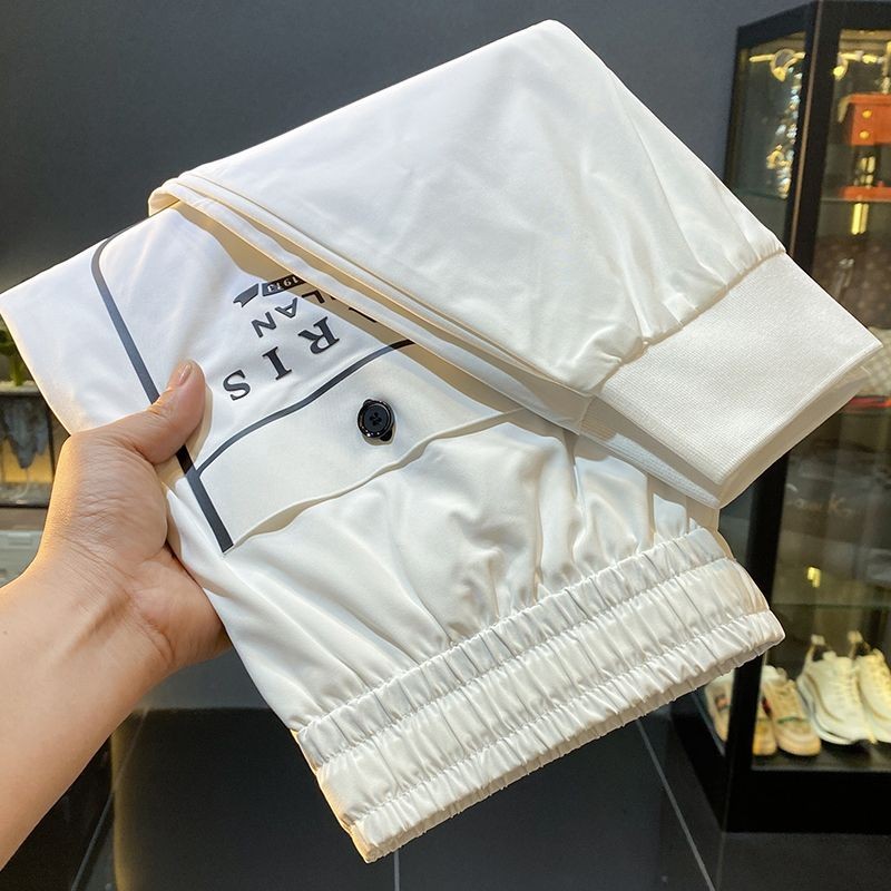 白色冰丝裤子男士夏季超薄新款修身束脚潮流九分运动速干休闲裤子