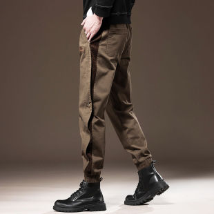 休闲裤 子男2025秋冬加绒束脚宽松痞帅男士 潮 裤 高端卡其色拼接工装