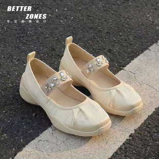 女鞋 Better 水钻一字带玛丽珍厚底褶皱芭蕾舞单鞋 26s新款 GR羊皮