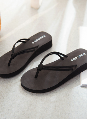 Kasukabe坡跟双带中跟人字拖女平跟夹脚拖鞋外穿沙滩拖防滑凉拖鞋