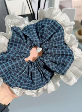 复古蓝色格子花边大肠发圈女韩系丸子头花头绳2025新款百搭扎发绳