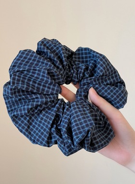 韩系文艺藏蓝色格子大肠发圈女高级感慵懒风头饰丸子头大号发绳