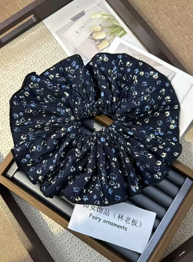 韩国东大门蓝色碎花气质大肠圈女高级感时尚后脑勺扎头绳发饰发圈