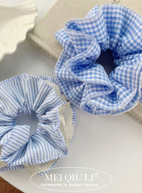 实拍蓝色格子蕾丝大肠发圈甜美少女感丸子头扎发头绳简约气质皮筋