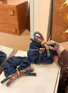 韩国东大门新款新中式绿色刺绣蝴蝶结发圈气质后脑勺扎发头绳头绳