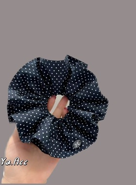 复古藏蓝色双层波点发圈少女学院风显白丸子头扎马尾头花皮筋