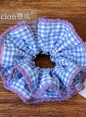 蓝色甜美蕾丝双层大肠发圈女超仙扎头发丸子头发绳低马尾头绳皮筋