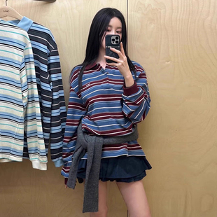 韩国chic秋季新款复古慵懒风polo领宽松休闲撞色长袖条纹T恤衫女