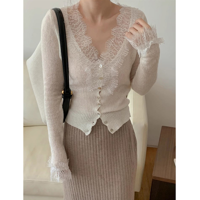 蕾丝钩花设计百搭长袖针织开衫