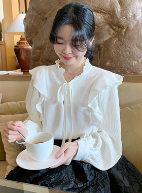 木耳边长袖衬衫高腰蕾丝半身裙女