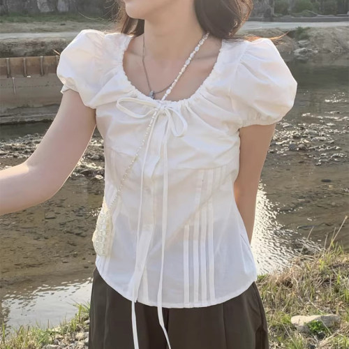 抽绳系带蝴蝶结百搭泡泡袖衬衫