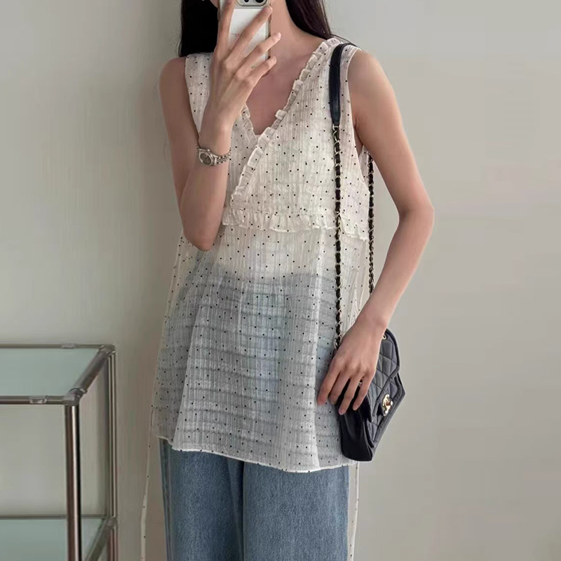 小性感拼接木耳边V领波点吊带