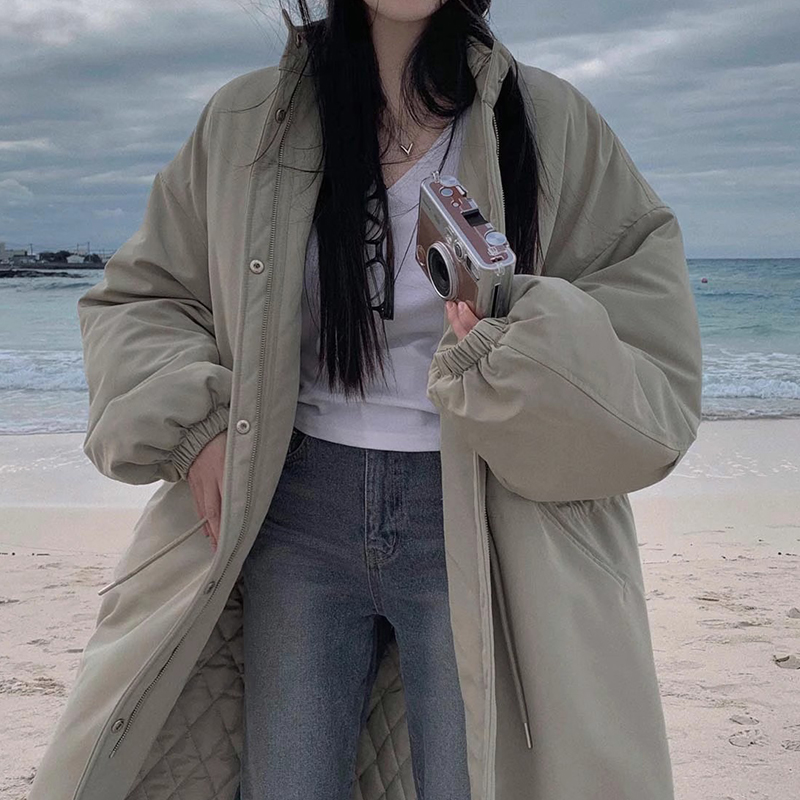 韩国chic冬季新款复古立领抽绳宽松休闲口袋中长款棉服大衣外套女