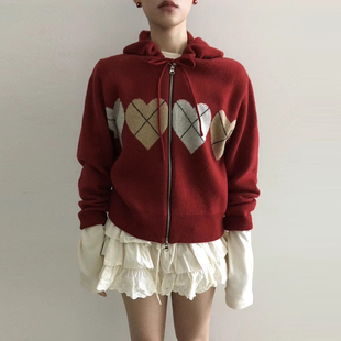 复古减龄爱心菱格提花毛衣外套女2025秋季新款抽绳连帽针织衫上衣