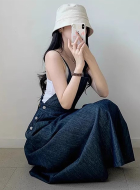 韩国chic夏季复古小众翻领侧边单排扣收腰显瘦牛仔吊带裙连衣裙女