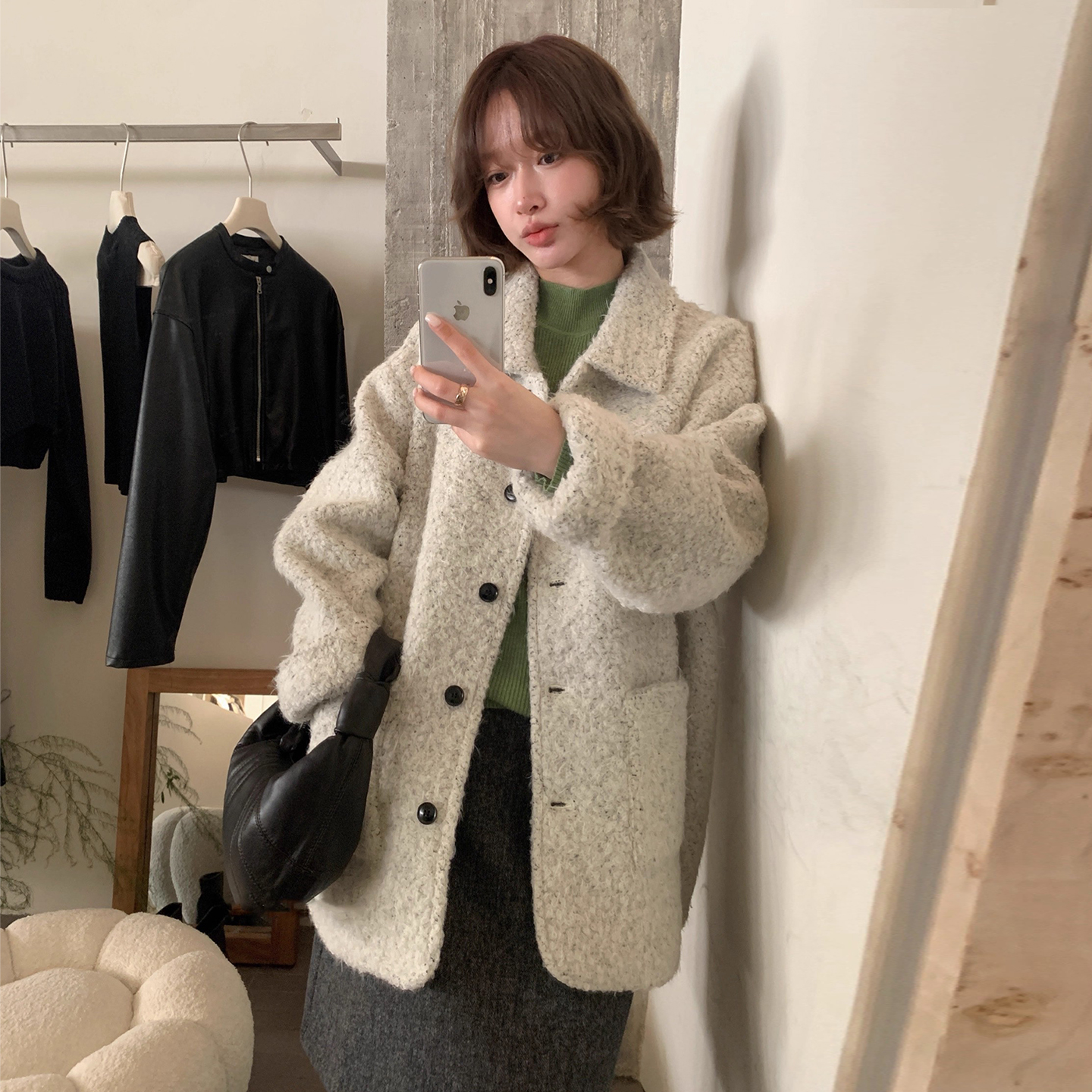复古简约双口袋纯色羊羔毛外套