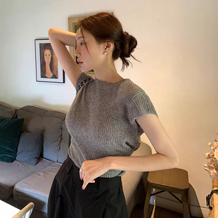 修身 良良家复古简约风圆领系带短袖 新款 针织衫 显瘦软糯上衣 女夏季