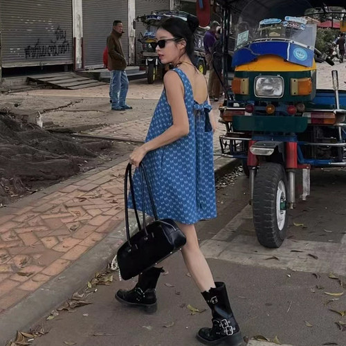 蝴蝶结提花后背系带牛仔连衣裙女